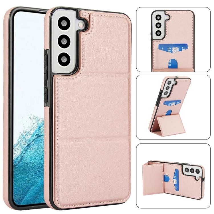 

For Samsung Galaxy S22+ 5G Tri-fold Holder Leather Phone Case with Card Slot(Rose Gold)