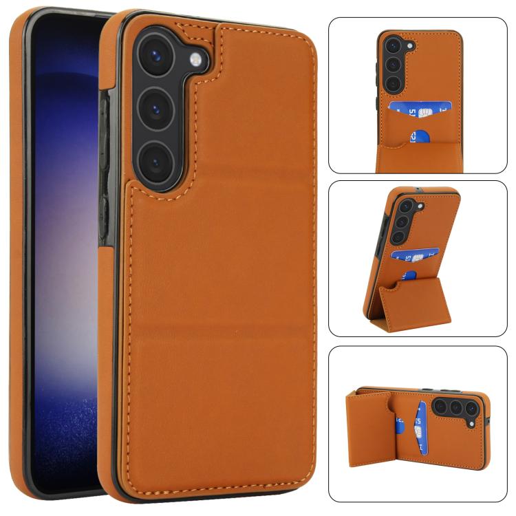 

For Samsung Galaxy S23 5G Tri-fold Holder Leather Phone Case with Card Slot(Brown)