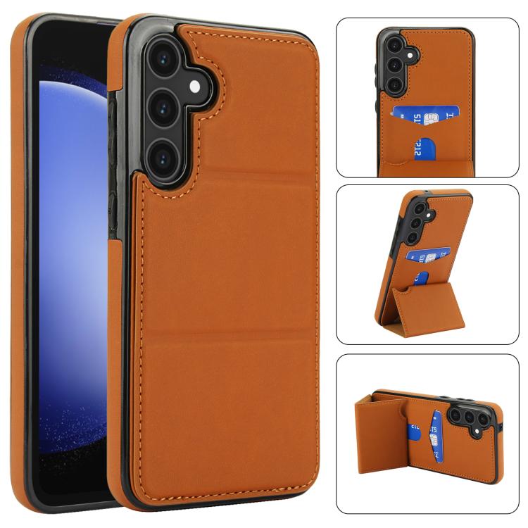 

For Samsung Galaxy S23 FE 5G Tri-fold Holder Leather Phone Case with Card Slot(Brown)