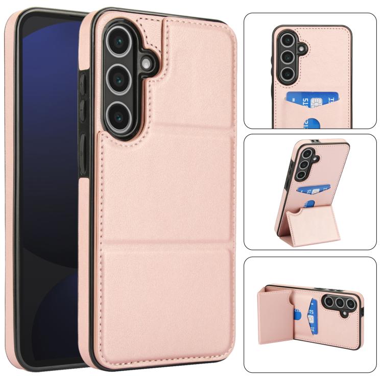 

For Samsung Galaxy S24 5G Tri-fold Holder Leather Phone Case with Card Slot(Rose Gold)