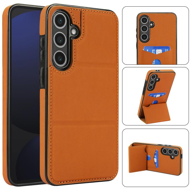 

For Samsung Galaxy S24 5G Tri-fold Holder Leather Phone Case with Card Slot(Brown)