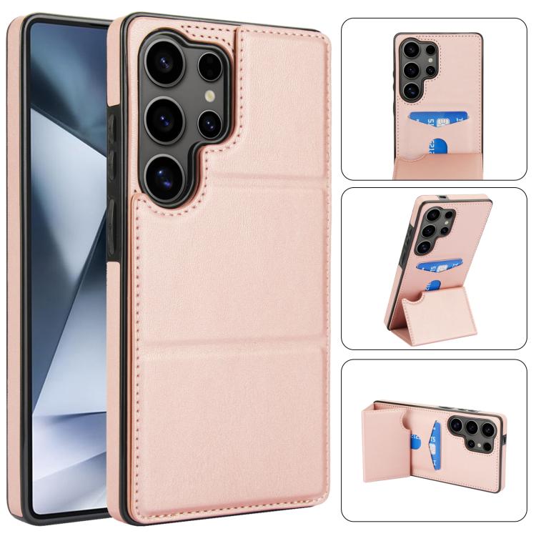 

For Samsung Galaxy S25 Ultra 5G Tri-fold Holder Leather Phone Case with Card Slot(Rose Gold)