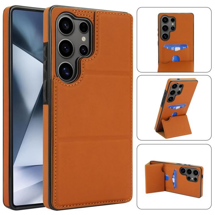 

For Samsung Galaxy S25 Ultra 5G Tri-fold Holder Leather Phone Case with Card Slot(Brown)