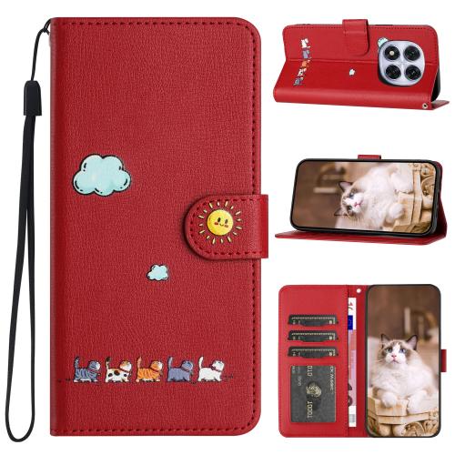 

For Redmi Note 14 Pro 4G Cartoon Cats Leather Phone Case(Red)