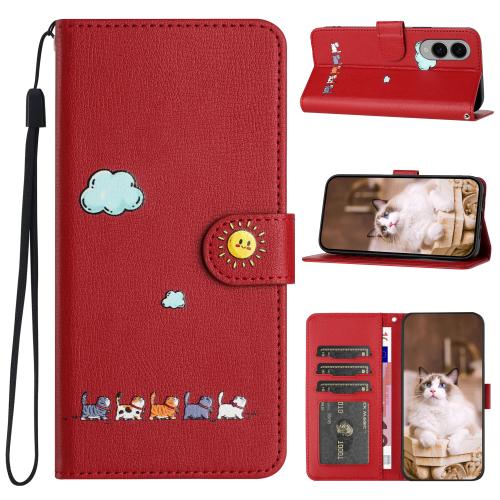 

For Samsung Galaxy S25 Edge 5G Cartoon Cats Leather Phone Case(Red)