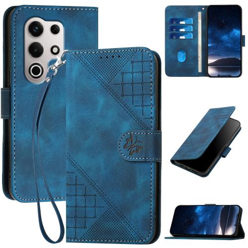 

For Itel S25 Ultra Grid Butterfly Embossed Pattern Leather Phone Case with Lanyard(Dark Blue)