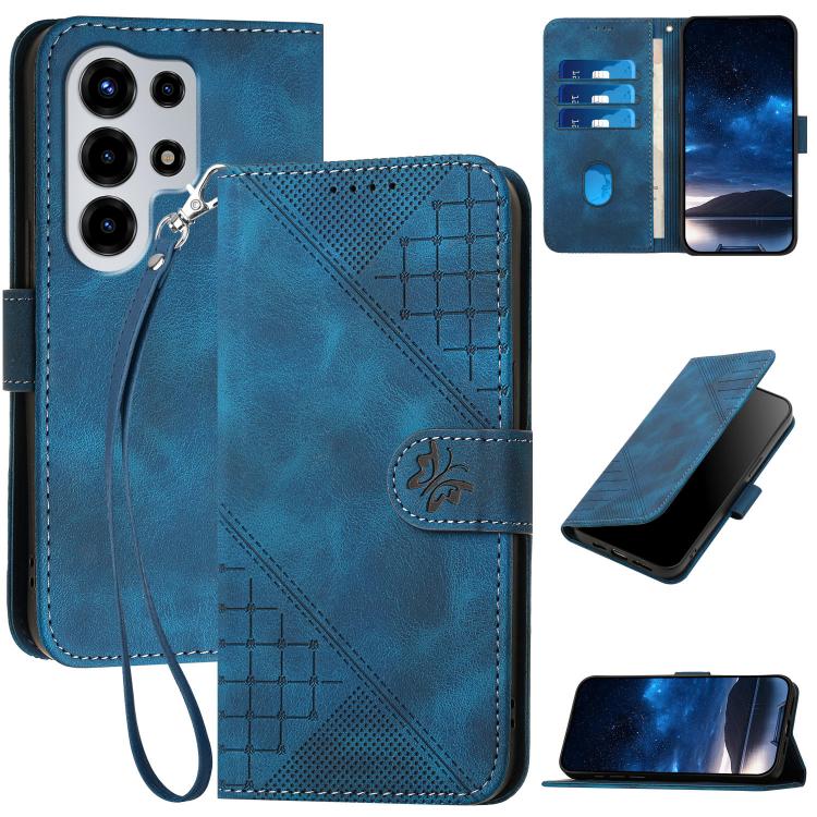 

For Itel Super 26 Ultra Grid Butterfly Embossed Pattern Leather Phone Case with Lanyard(Dark Blue)