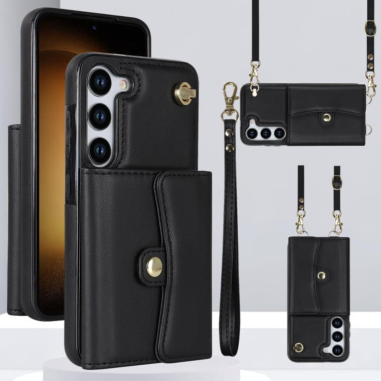 

For Samsung Galaxy S24 5G RFID Card Slot Phone Case with Long Lanyard(Black)