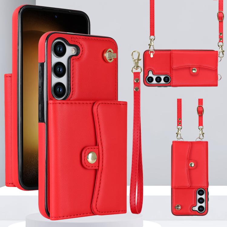 

For Samsung Galaxy S24 5G RFID Card Slot Phone Case with Long Lanyard(Red)