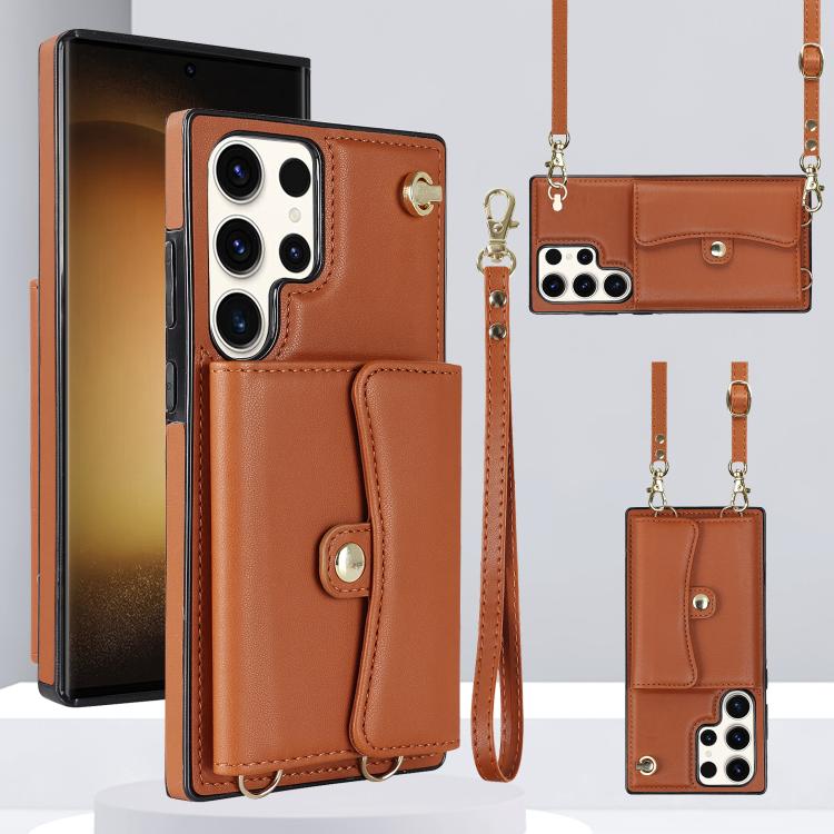 

For Samsung Galaxy S24 Ultra 5G RFID Card Slot Phone Case with Long Lanyard(Brown)