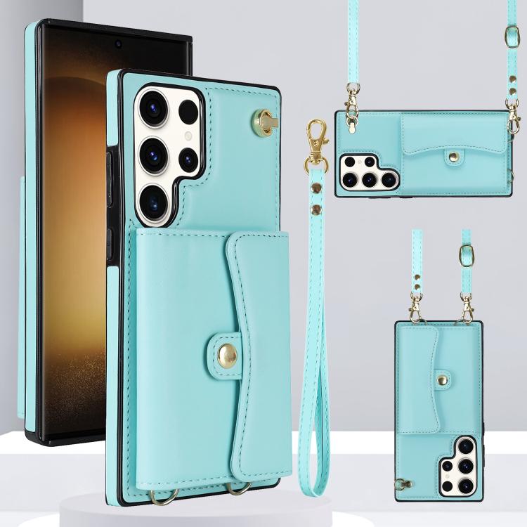 

For Samsung Galaxy S25 Ultra 5G RFID Card Slot Phone Case with Long Lanyard(Mint Green)