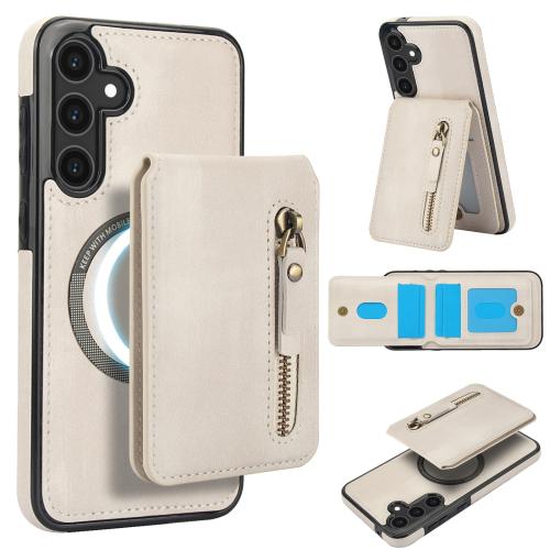 

For Samsung Galaxy S25 5G Zipper Wallet Split MagSafe Leather Back Phone Case(White)