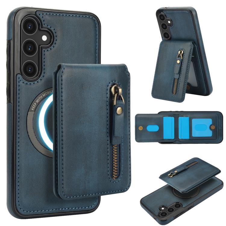 

For Samsung Galaxy S25 5G Zipper Wallet Split MagSafe Leather Back Phone Case(Blue)