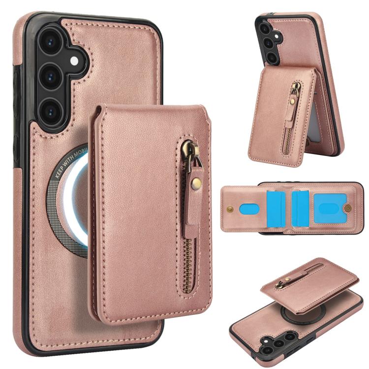 

For Samsung Galaxy S25+ 5G Zipper Wallet Split MagSafe Leather Back Phone Case(Rose Gold)