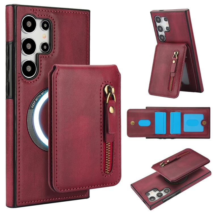 

For Samsung Galaxy S25 Ultra 5G Zipper Wallet Split MagSafe Leather Back Phone Case(Red)