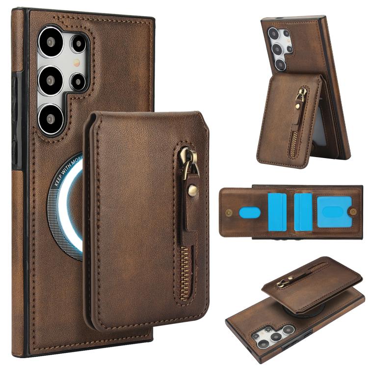

For Samsung Galaxy S25 Ultra 5G Zipper Wallet Split MagSafe Leather Back Phone Case(Brown)