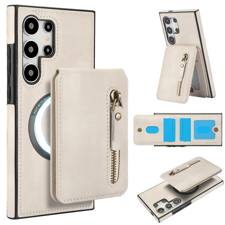 

For Samsung Galaxy S24 Ultra 5G Zipper Wallet Split MagSafe Leather Back Phone Case(White)