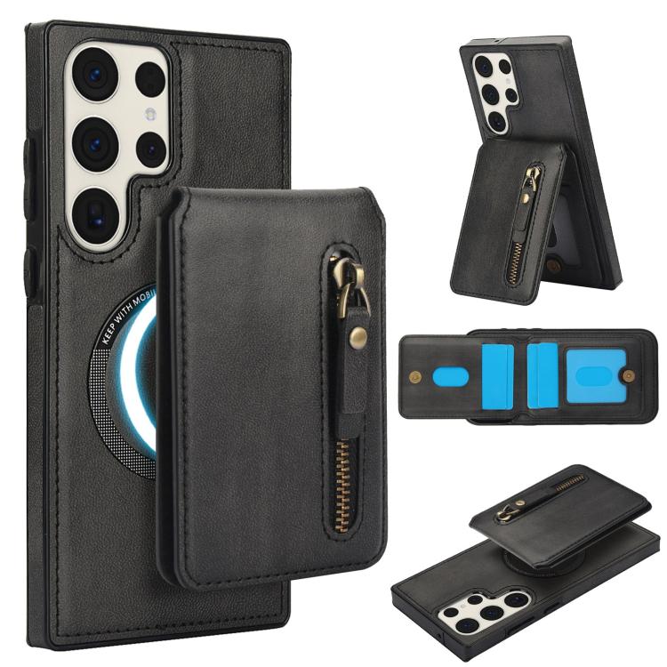 

For Samsung Galaxy S23 Ultra 5G Zipper Wallet Split MagSafe Leather Back Phone Case(Black)
