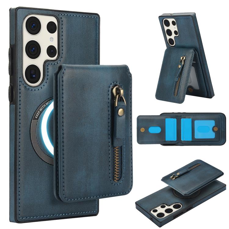 

For Samsung Galaxy S23 Ultra 5G Zipper Wallet Split MagSafe Leather Back Phone Case(Blue)