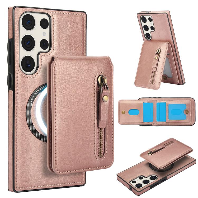 

For Samsung Galaxy S23 Ultra 5G Zipper Wallet Split MagSafe Leather Back Phone Case(Rose Gold)