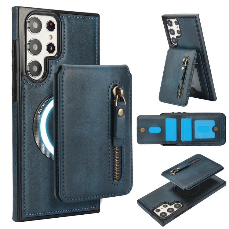 

For Samsung Galaxy S22 Ultra 5G Zipper Wallet Split MagSafe Leather Back Phone Case(Blue)