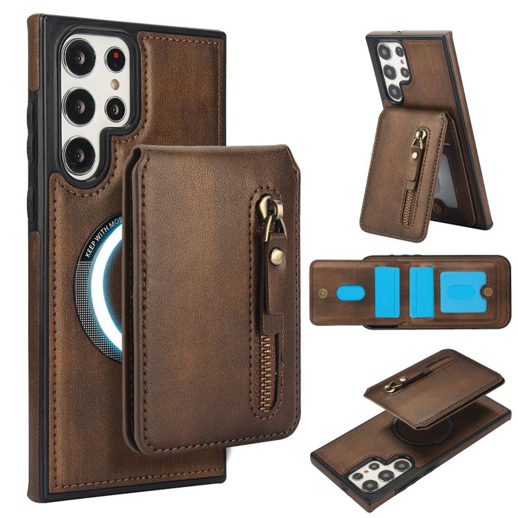 

For Samsung Galaxy S22 Ultra 5G Zipper Wallet Split MagSafe Leather Back Phone Case(Brown)
