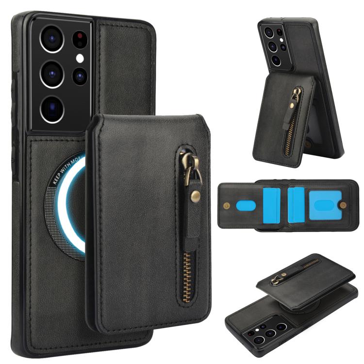 

For Samsung Galaxy S21 Ultra 5G Zipper Wallet Split MagSafe Leather Back Phone Case(Black)