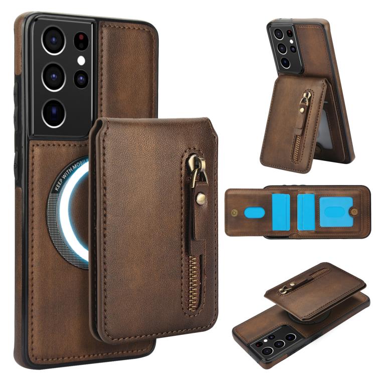 

For Samsung Galaxy S21 Ultra 5G Zipper Wallet Split MagSafe Leather Back Phone Case(Brown)