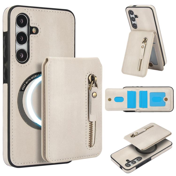 

For Samsung Galaxy S24 5G Zipper Wallet Split MagSafe Leather Back Phone Case(White)