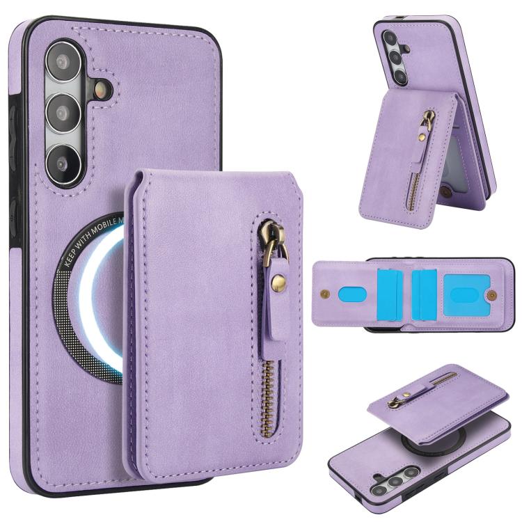 

For Samsung Galaxy S24 5G Zipper Wallet Split MagSafe Leather Back Phone Case(Purple)