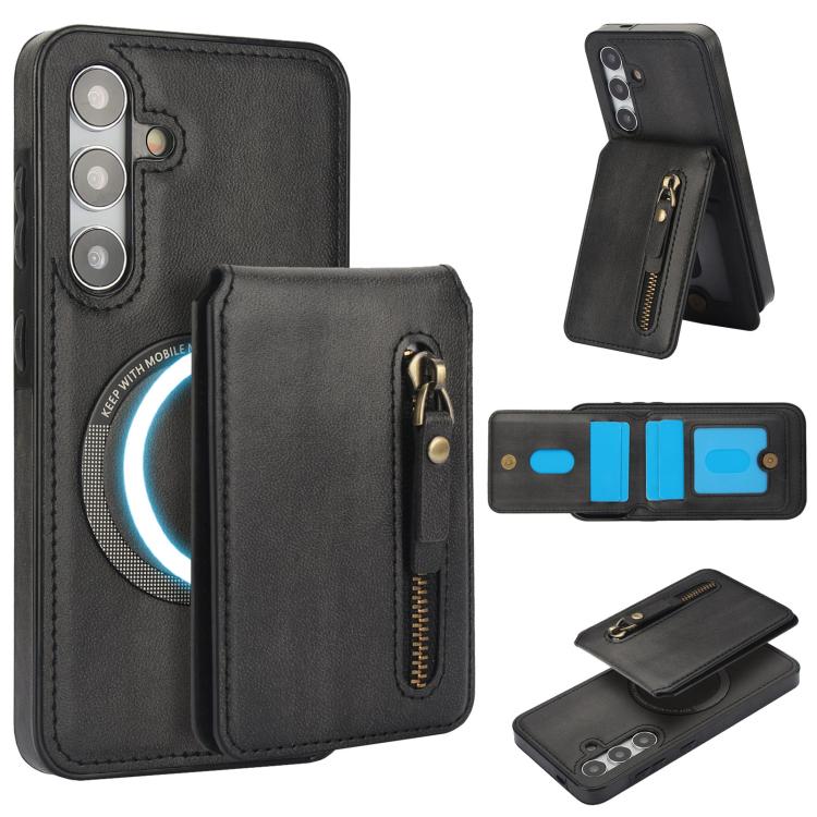 

For Samsung Galaxy S24+ 5G Zipper Wallet Split MagSafe Leather Back Phone Case(Black)