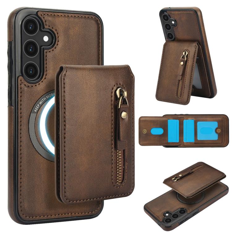 

For Samsung Galaxy S23 FE 5G Zipper Wallet Split MagSafe Leather Back Phone Case(Brown)
