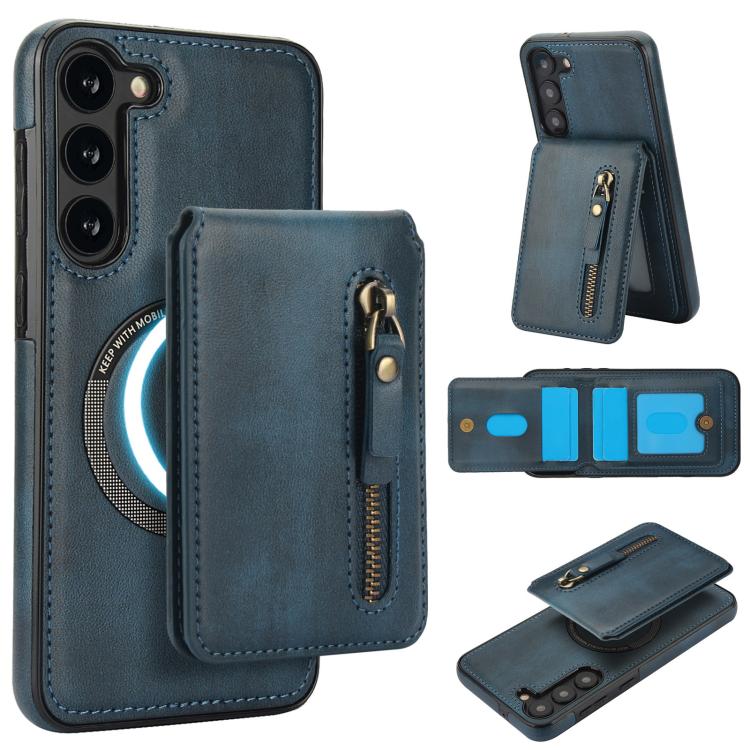 

For Samsung Galaxy S23 5G Zipper Wallet Split MagSafe Leather Back Phone Case(Blue)