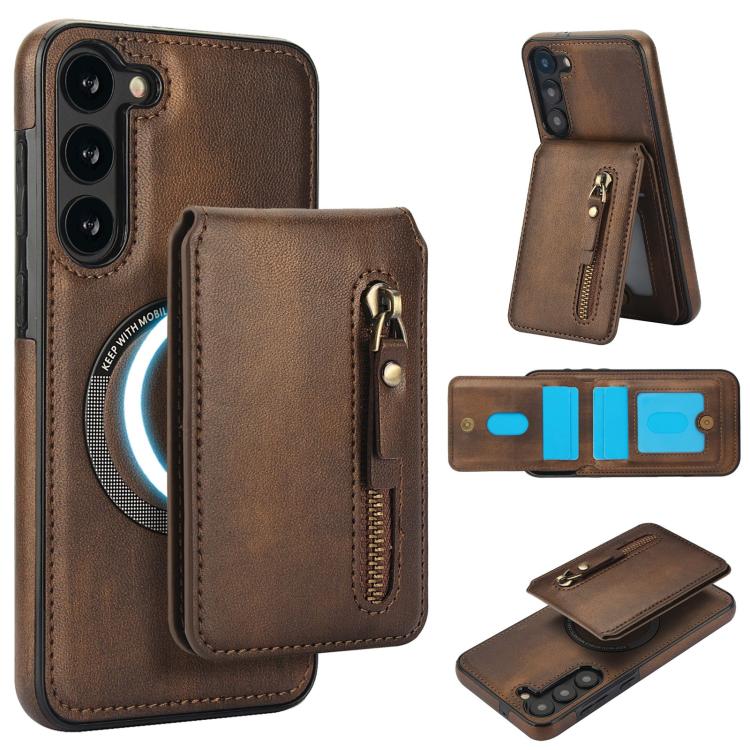 

For Samsung Galaxy S23 5G Zipper Wallet Split MagSafe Leather Back Phone Case(Brown)