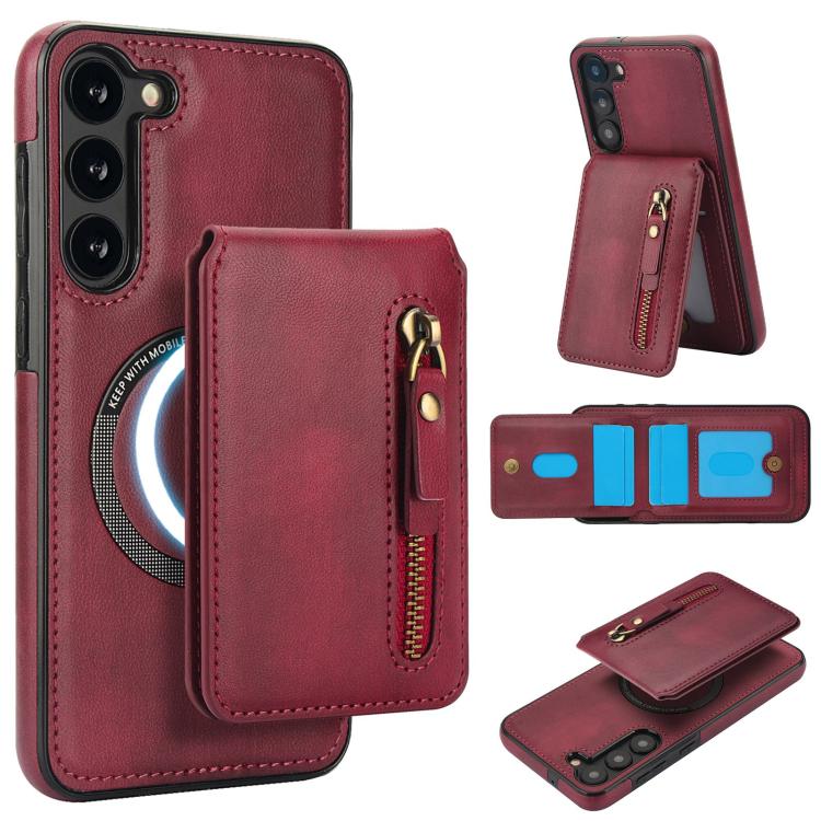 

For Samsung Galaxy S23+ 5G Zipper Wallet Split MagSafe Leather Back Phone Case(Red)