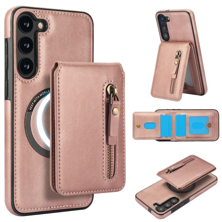 

For Samsung Galaxy S23+ 5G Zipper Wallet Split MagSafe Leather Back Phone Case(Rose Gold)
