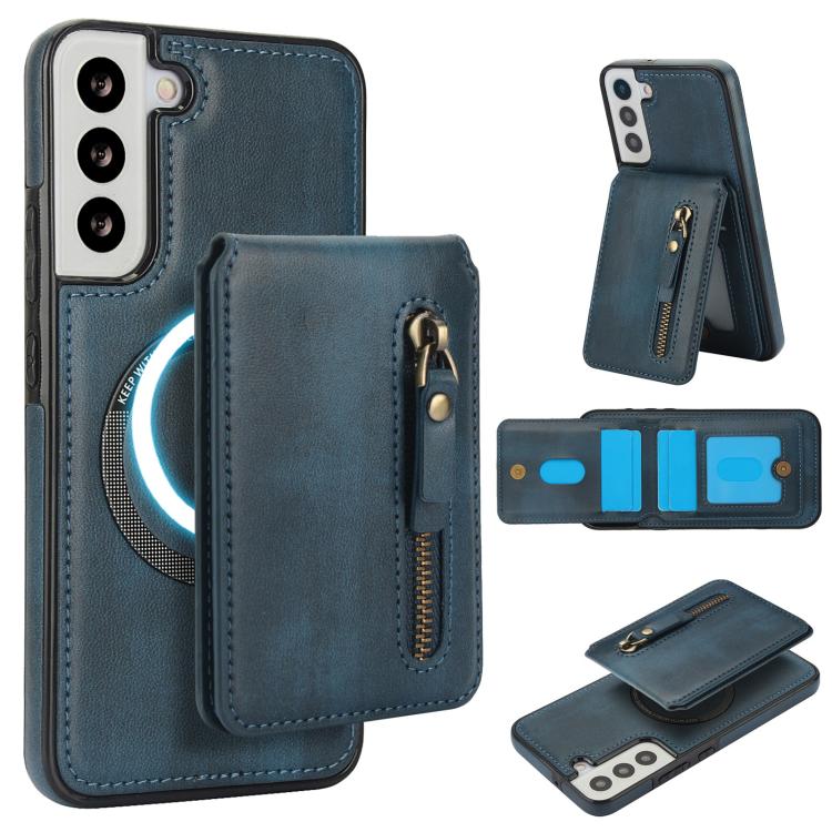 

For Samsung Galaxy S22+ 5G Zipper Wallet Split MagSafe Leather Back Phone Case(Blue)