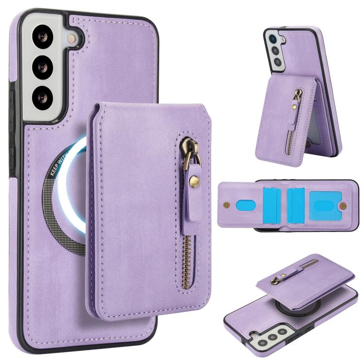 

For Samsung Galaxy S22+ 5G Zipper Wallet Split MagSafe Leather Back Phone Case(Purple)