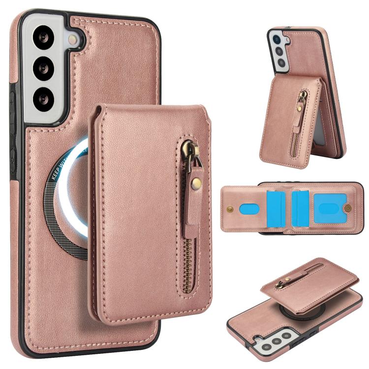 

For Samsung Galaxy S22 5G Zipper Wallet Split MagSafe Leather Back Phone Case(Rose Gold)