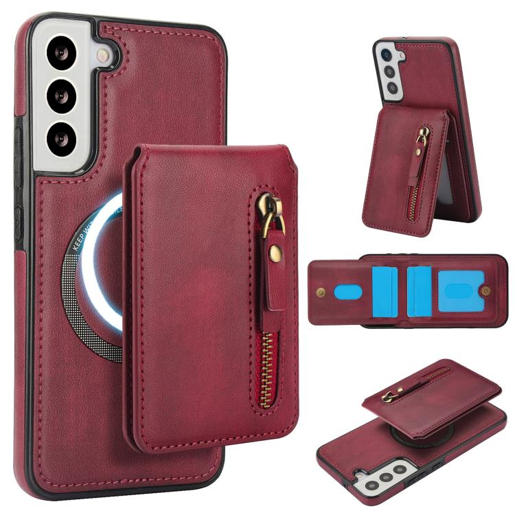 

For Samsung Galaxy S21 FE 5G Zipper Wallet Split MagSafe Leather Back Phone Case(Red)