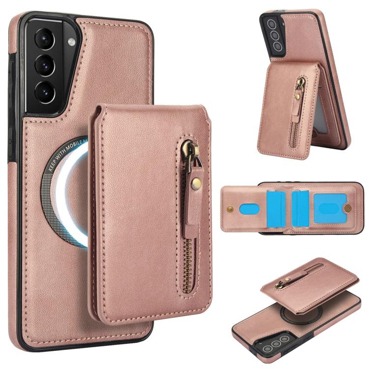 

For Samsung Galaxy S21+ 5G Zipper Wallet Split MagSafe Leather Back Phone Case(Rose Gold)
