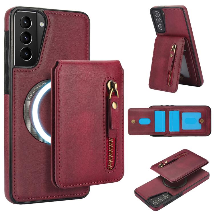 

For Samsung Galaxy S21 5G Zipper Wallet Split MagSafe Leather Back Phone Case(Red)