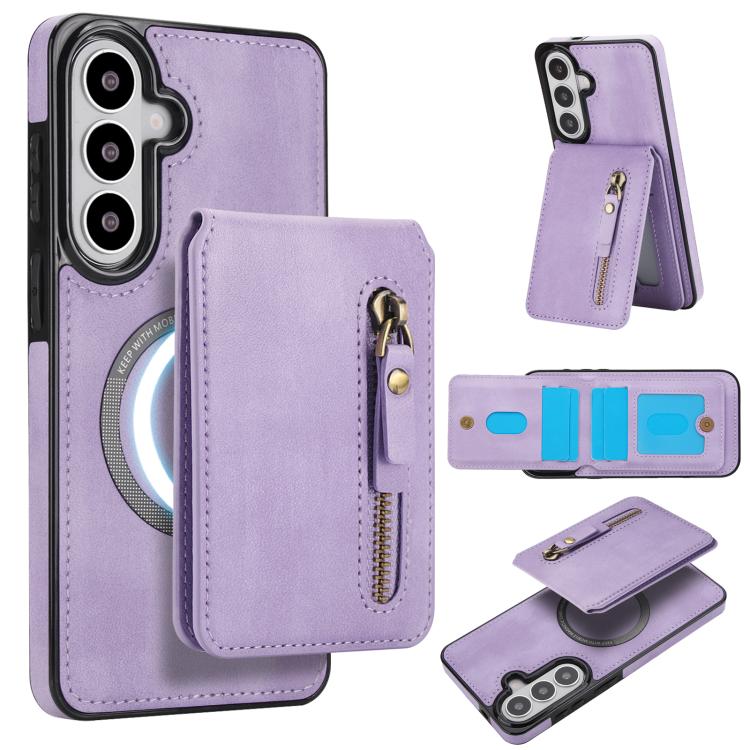 

For Samsung Galaxy S26 5G Zipper Wallet Split MagSafe Leather Back Phone Case(Purple)