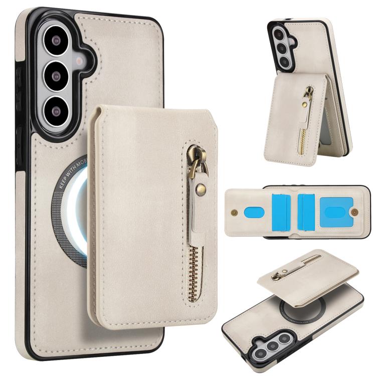 

For Samsung Galaxy S26+ 5G Zipper Wallet Split MagSafe Leather Back Phone Case(White)