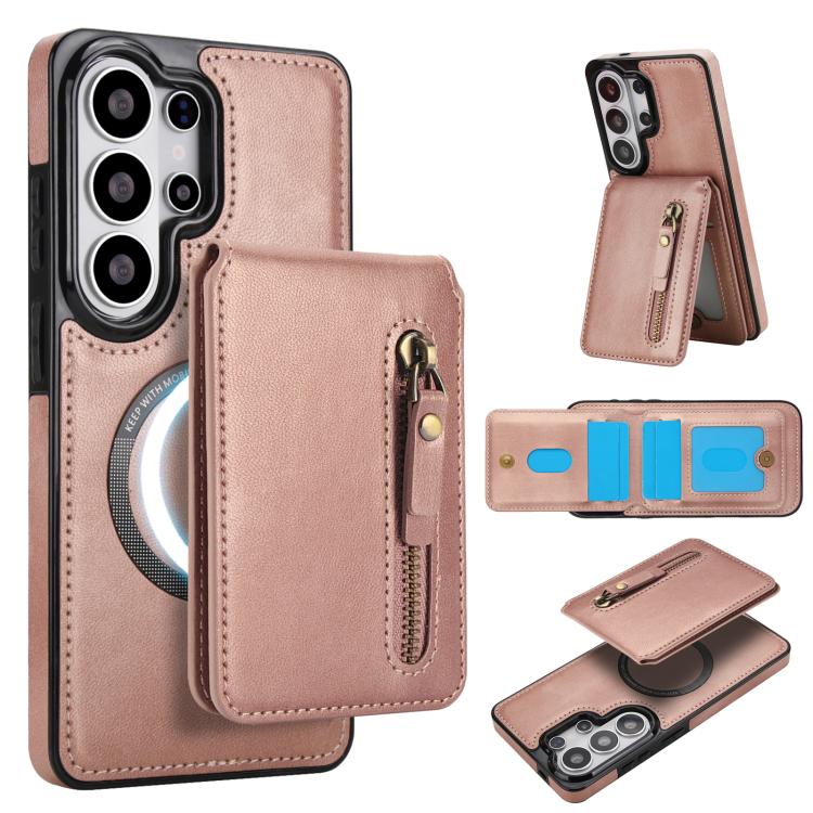 

For Samsung Galaxy S26 Ultra 5G Zipper Wallet Split MagSafe Leather Back Phone Case(Rose Gold)
