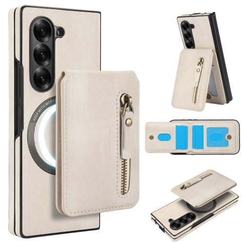 

For Samsung Galaxy Z Fold6 Zipper Wallet Split MagSafe Leather Back Phone Case(White)