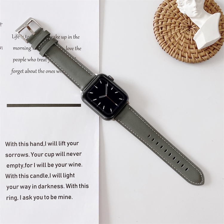 

For Apple Watch Series 7 41mm / 6 & SE & 5 & 4 40mm / 3 & 2 & 1 38mm V Tail Style Stitching Leather Watch Wrist Strap(Dark Green)