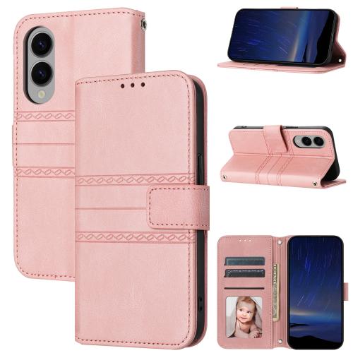 

For Samsung Galaxy S25 Edge 5G Embossed Stripes Skin Feel Leather Phone Case(Pink)