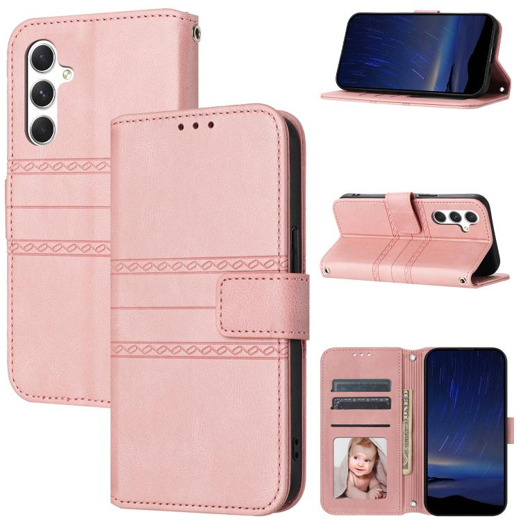 

For Samsung Galaxy S25 FE 5G Embossed Stripes Skin Feel Leather Phone Case(Pink)