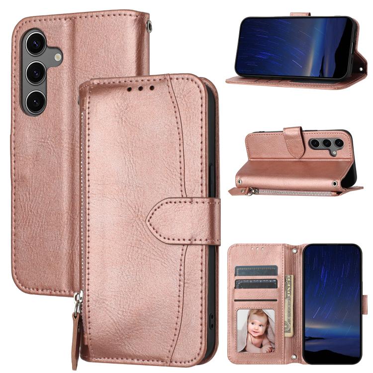 

For Samsung Galaxy S25 FE 5G Oil Skin Zipper Wallet Leather Phone Case(Rose Gold)